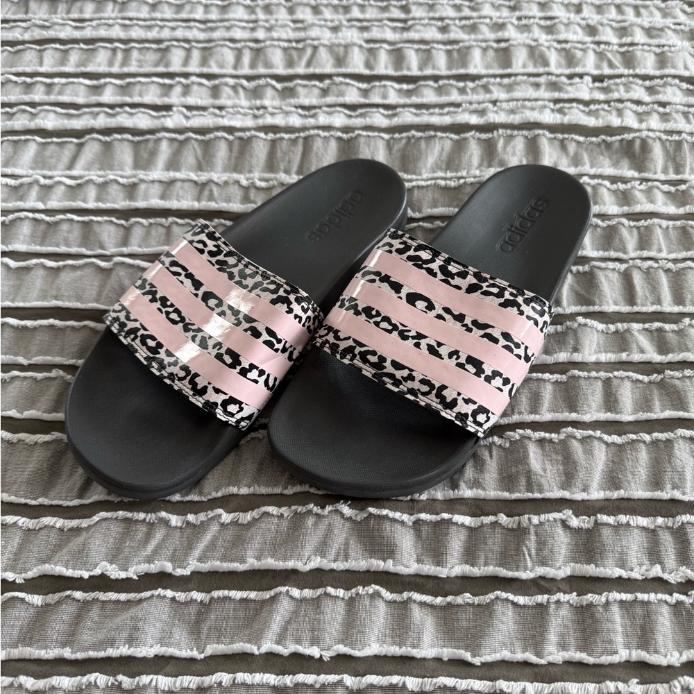 Adidas Women's Pink and Black Patterned Sandals